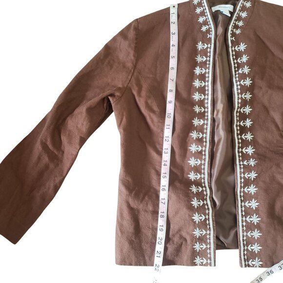 Dressbarn Brown Open Blazer Embroidered Womens Size 8 Linen Blend Casual Boho - Picture 6 of 7